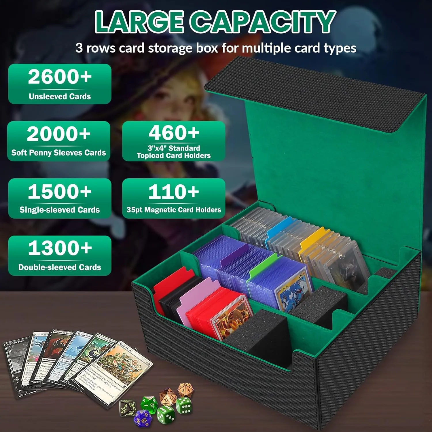 Card Storage Box for Trading Cards, 2600  Commander Deck Box, Storage Box Fits Toploader and One-Touch, Card Organizer for TCG, MTG, Sports Cards, with Card Dividers & Stoppers