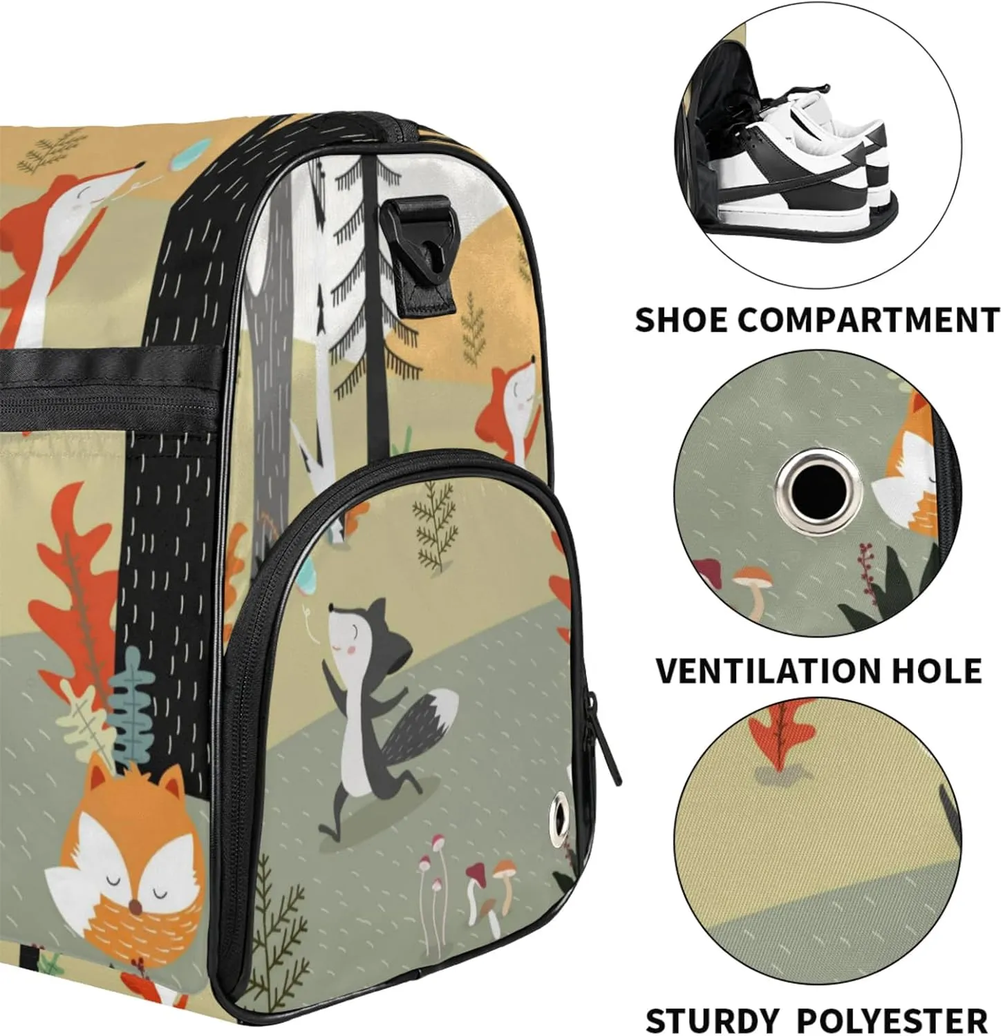 Cartoon Animal Gym Bags for Men Women, 43L Medium Sports Forest Travel Duffel Bag for Men with Shoe Compartment,Carry on Bags for Airplanes Women