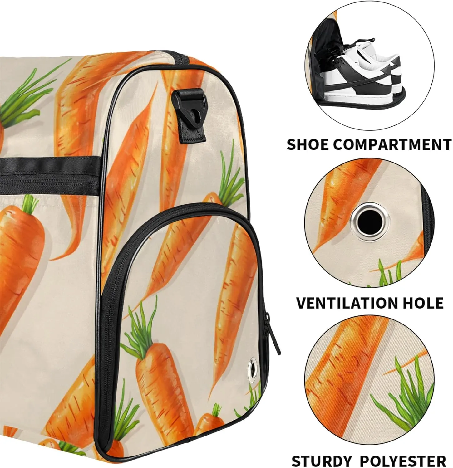 Cartoon Gym Duffle Bag for Women,Waterproof Sports Carrot Duffle Bags Travel Weekender Bags for Men Women Overnight Bag with Shoes Compartment