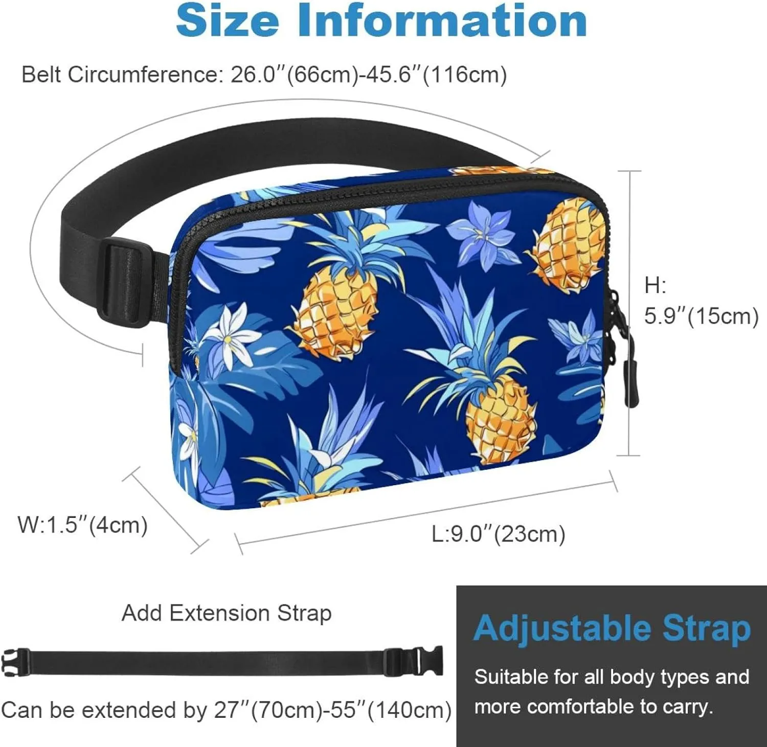 Cartoon Pineapple Design Pattern Unisex Style Fanny Pack: Fashion Waist Packs, Crossbody Bags Sport Slim Fashionable for Jogging Hiking Hiker Woman Man