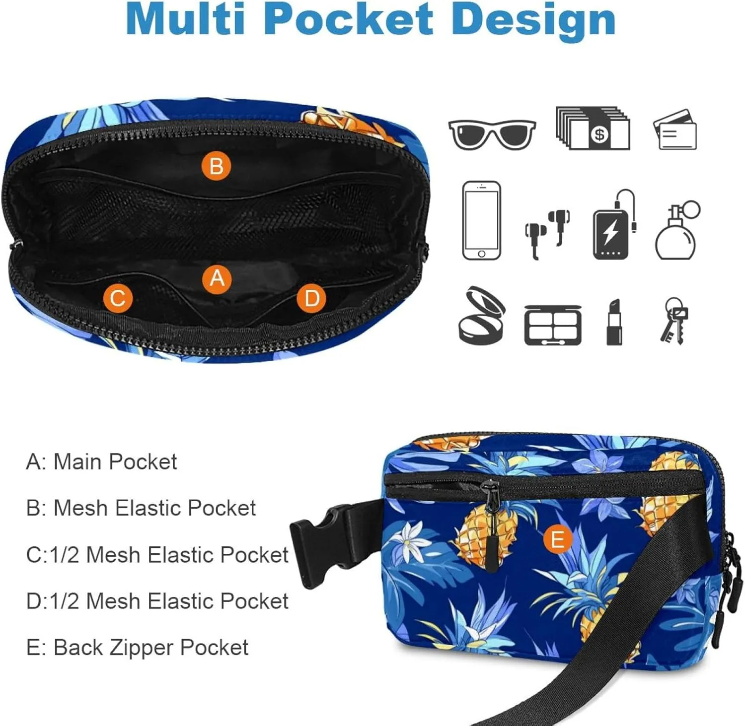 Cartoon Pineapple Design Pattern Unisex Style Fanny Pack: Fashion Waist Packs, Crossbody Bags Sport Slim Fashionable for Jogging Hiking Hiker Woman Man