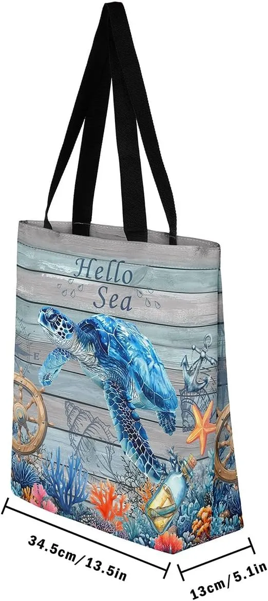 Castle Fairy Crab Canvas Tote Bag for Adults,Ocean Animals Underwater Coral Reusable Shopping Bags Portable Storage Handbag