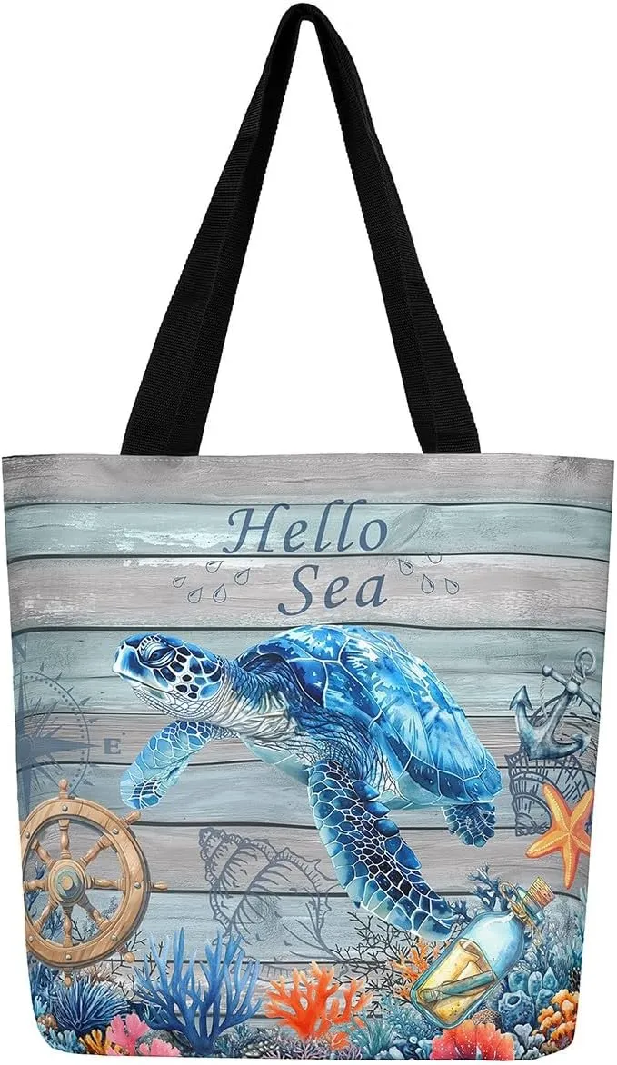Castle Fairy Crab Canvas Tote Bag for Adults,Ocean Animals Underwater Coral Reusable Shopping Bags Portable Storage Handbag