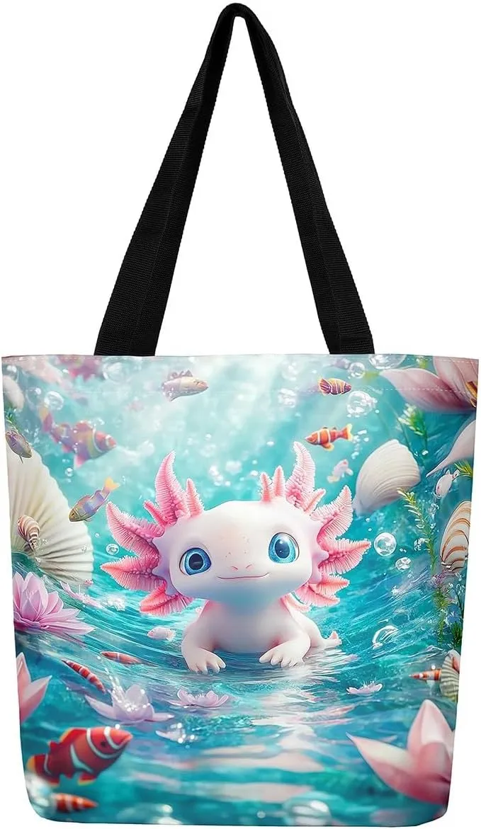 Castle Fairy Dragon Canvas Tote Bag Aesthetic for Women,Cute Axolotl Reusable Grocery Handbag