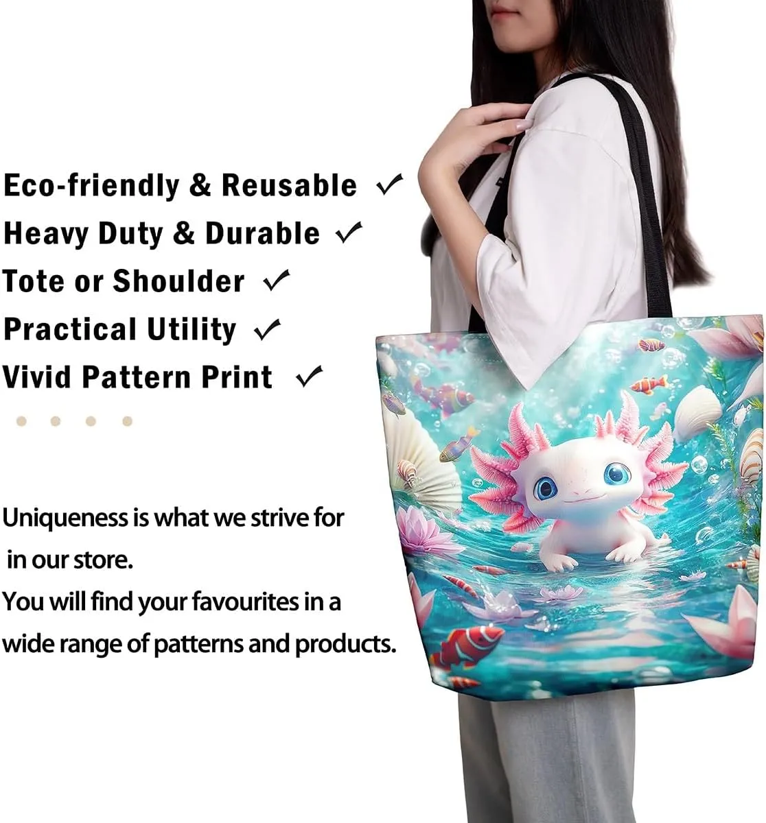 Castle Fairy Dragon Canvas Tote Bag Aesthetic for Women,Cute Axolotl Reusable Grocery Handbag