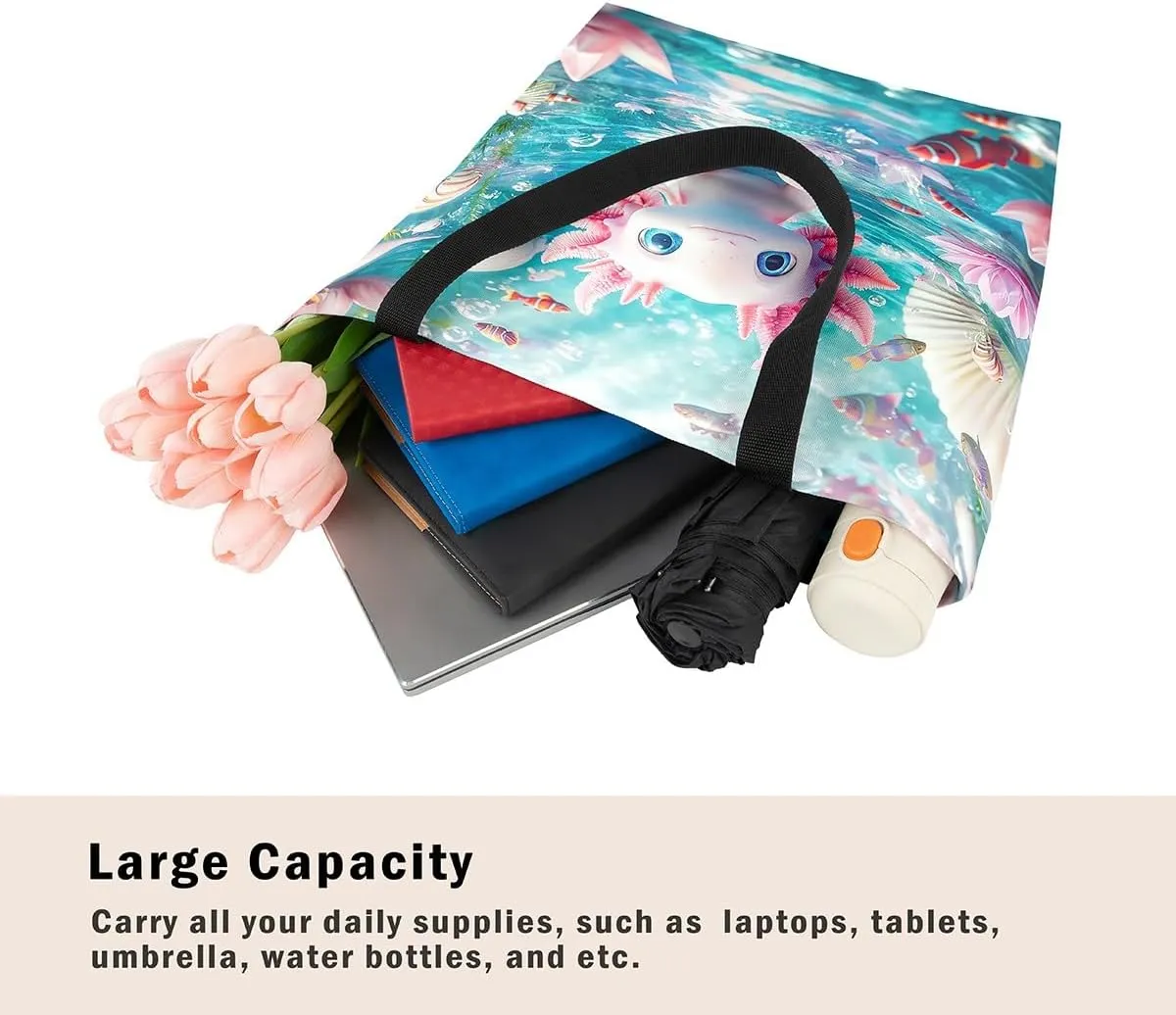 Castle Fairy Dragon Canvas Tote Bag Aesthetic for Women,Cute Axolotl Reusable Grocery Handbag