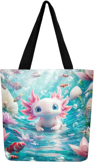 Castle Fairy Dragon Canvas Tote Bag Aesthetic for Women,Cute Axolotl Reusable Grocery Handbag