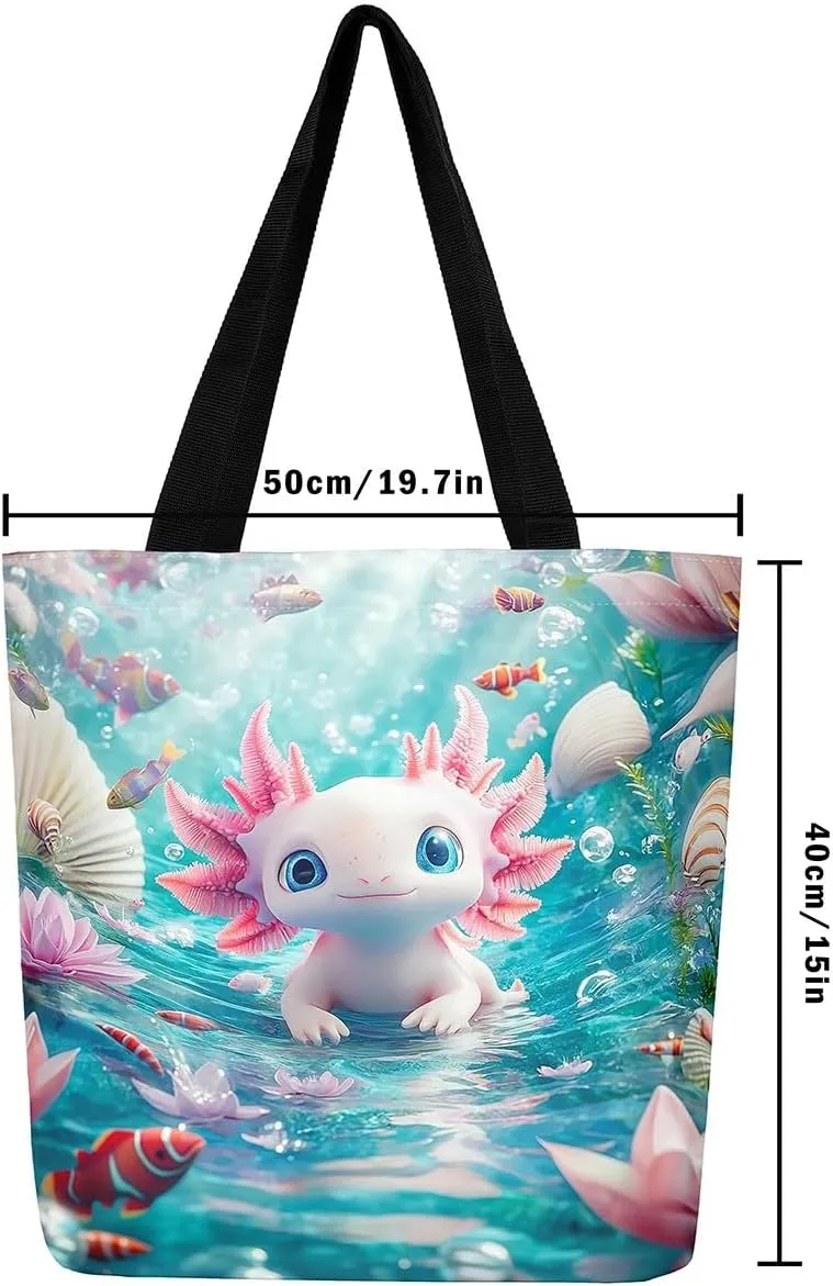 Castle Fairy Dragon Canvas Tote Bag Aesthetic for Women,Cute Axolotl Reusable Grocery Handbag