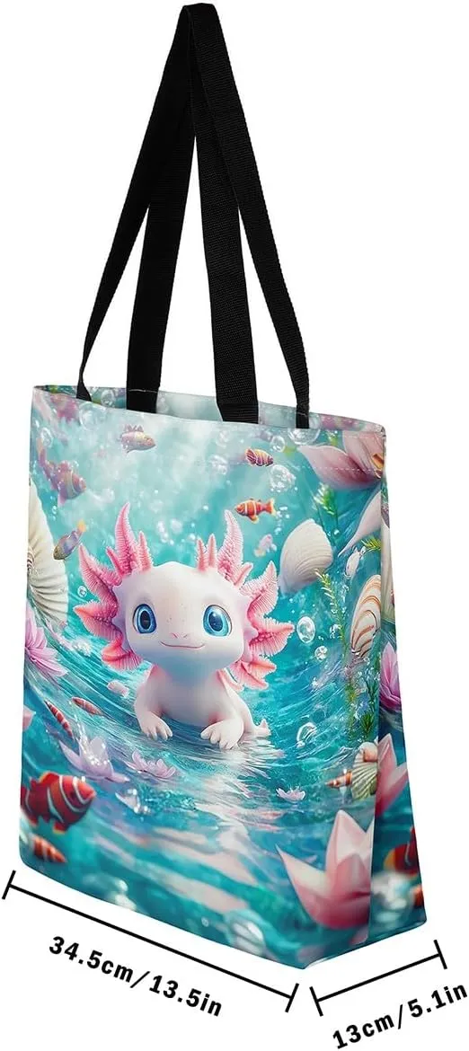 Castle Fairy Dragon Canvas Tote Bag Aesthetic for Women,Cute Axolotl Reusable Grocery Handbag