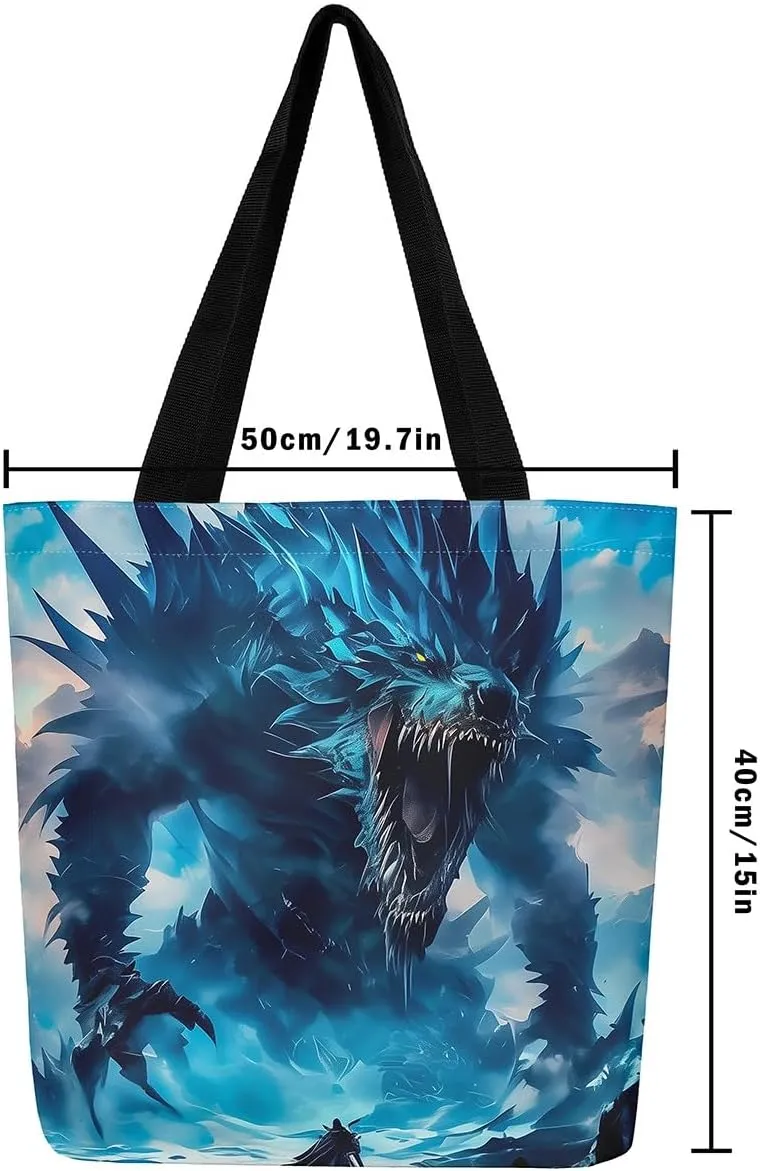 Castle Fairy Dragon Canvas Tote Bag,Western Wildlife Animals Aesthetic Shoulder Handbags for Shopping Gym,Reusable