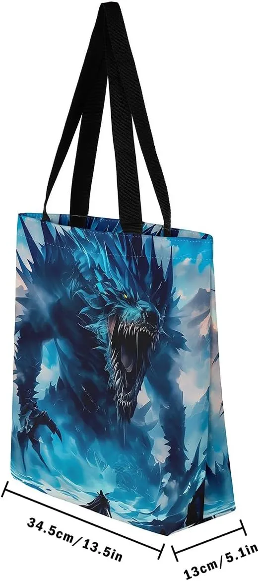 Castle Fairy Dragon Canvas Tote Bag,Western Wildlife Animals Aesthetic Shoulder Handbags for Shopping Gym,Reusable