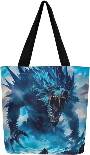 Castle Fairy Dragon Canvas Tote Bag,Western Wildlife Animals Aesthetic Shoulder Handbags for Shopping Gym,Reusable