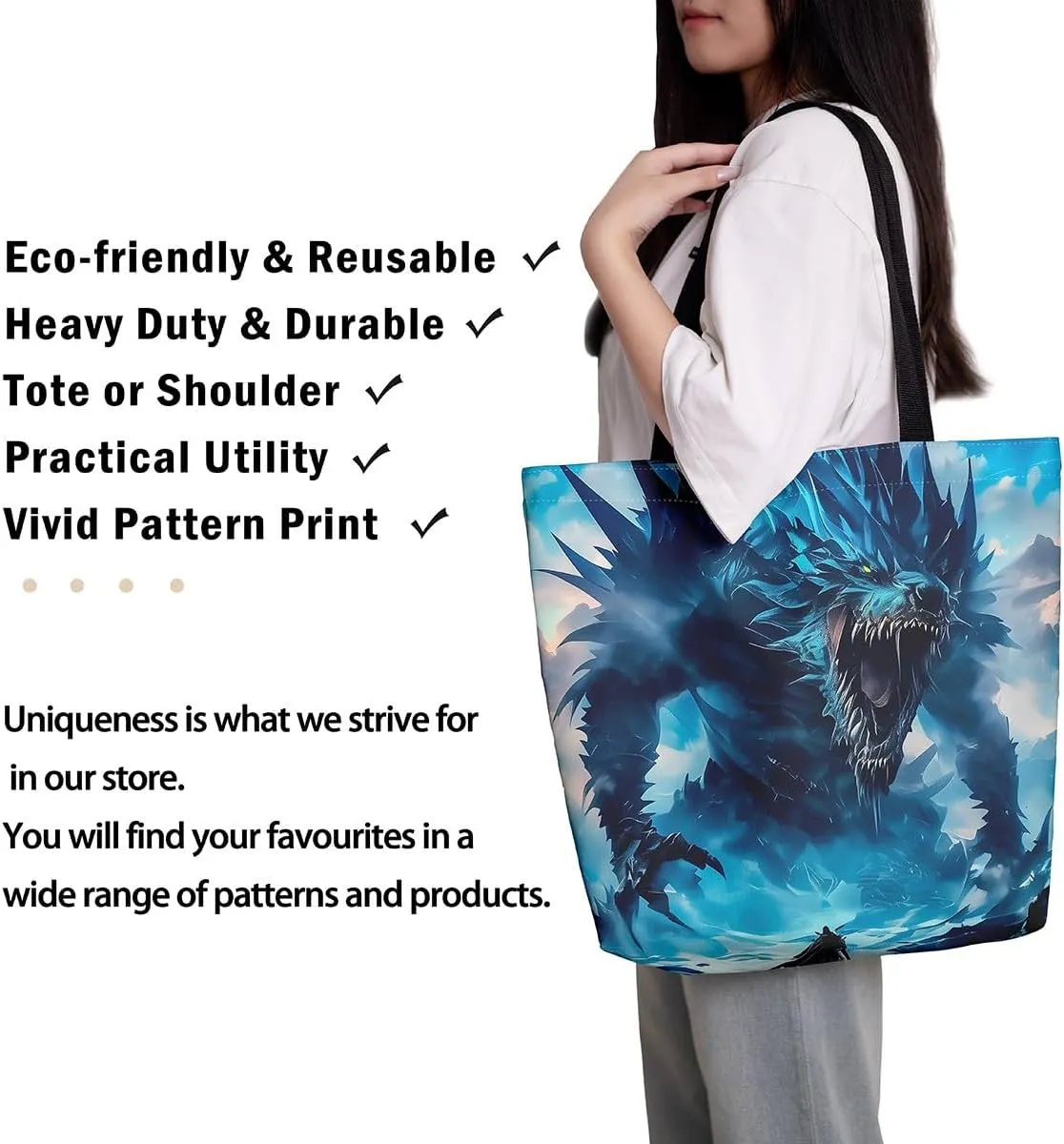 Castle Fairy Dragon Canvas Tote Bag,Western Wildlife Animals Aesthetic Shoulder Handbags for Shopping Gym,Reusable