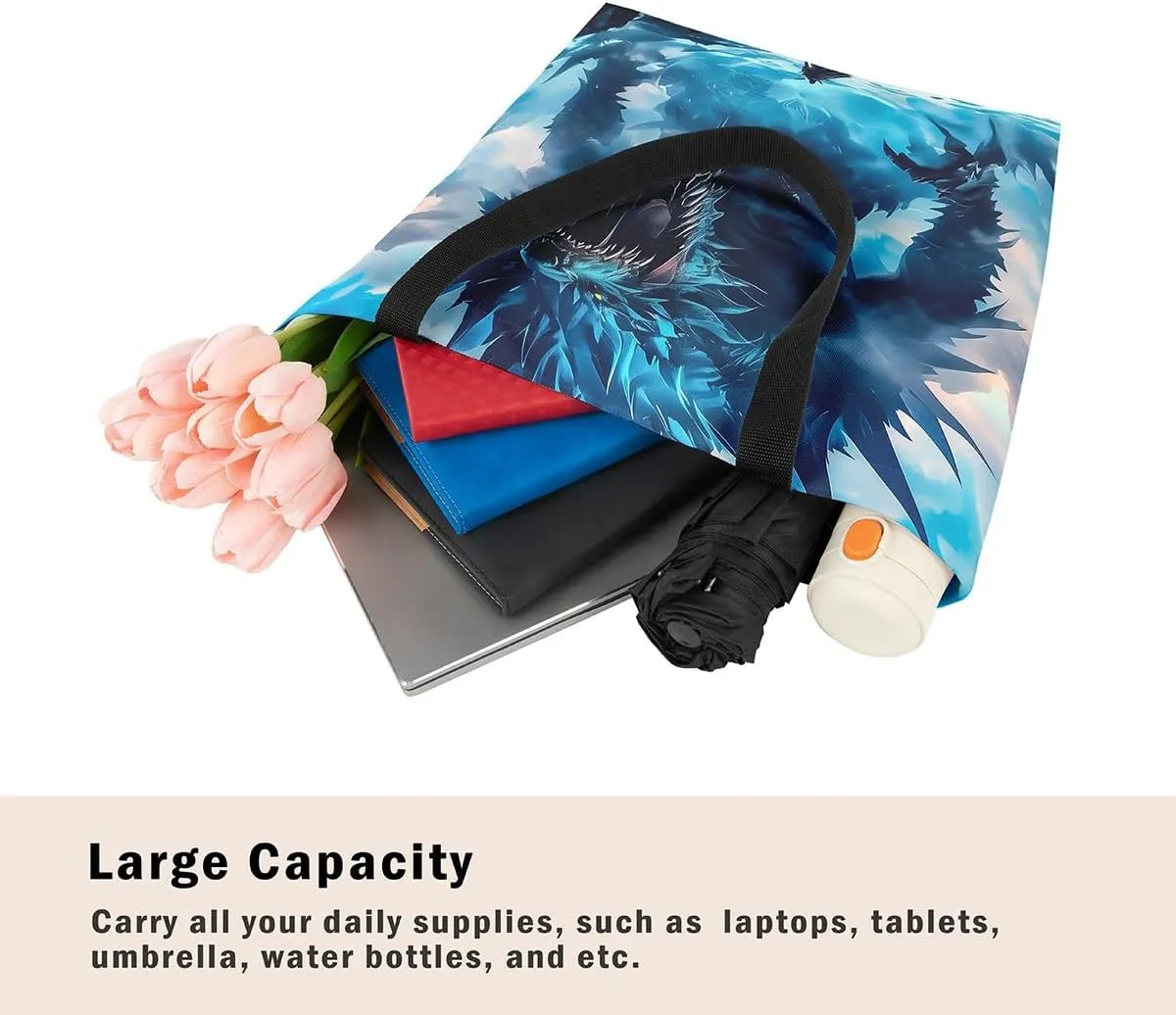 Castle Fairy Dragon Canvas Tote Bag,Western Wildlife Animals Aesthetic Shoulder Handbags for Shopping Gym,Reusable