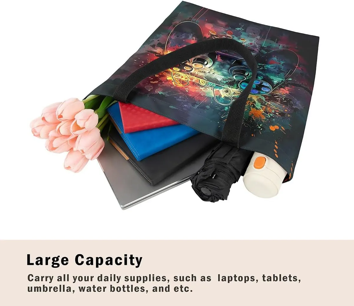 Castle Fairy Gamer Canvas Tote Bag Aesthetic for Women,Ball Sports Reusable Grocery Handbag