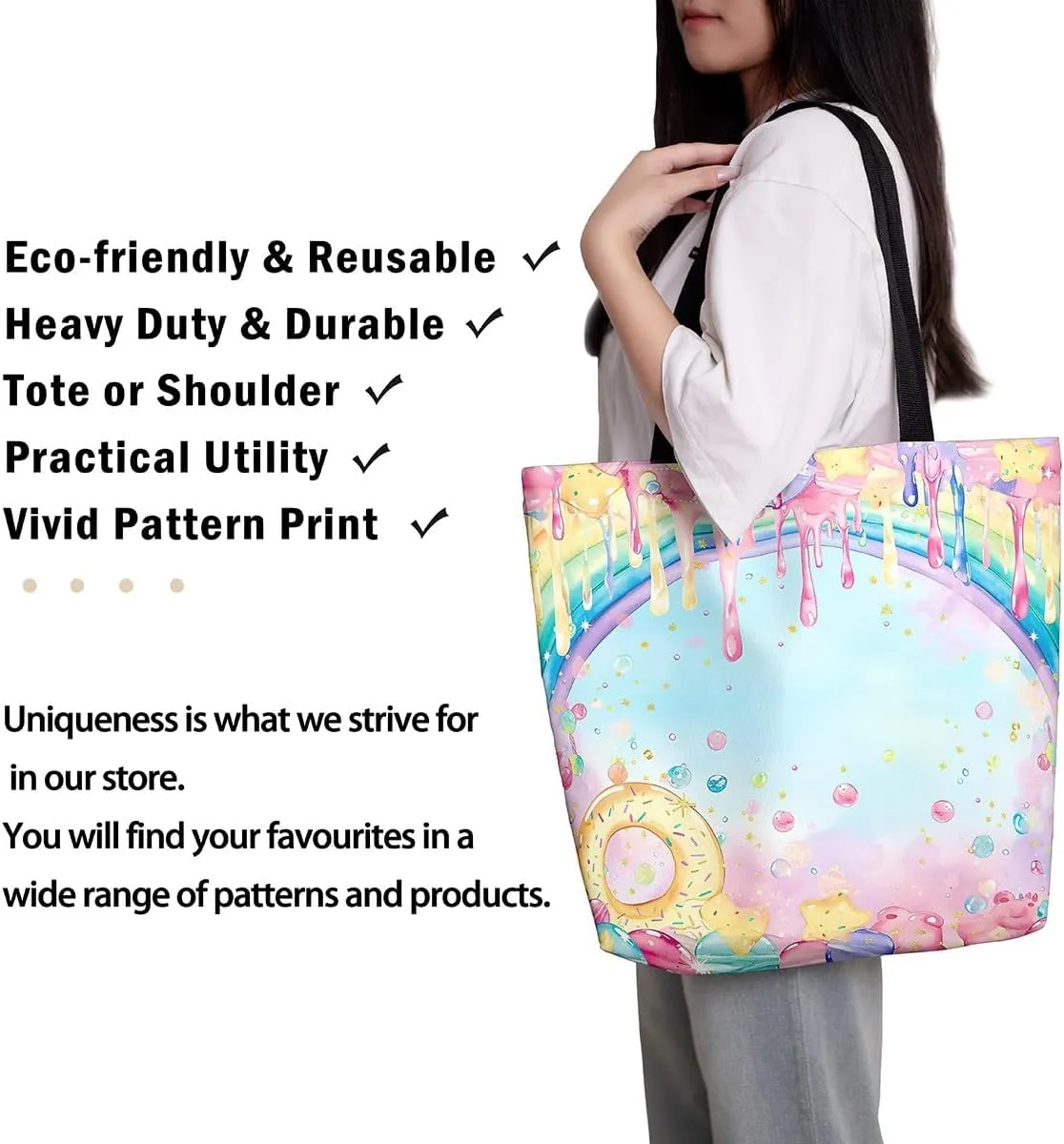 Castle Fairy Hippie Flowers Canvas Tote Bag Aesthetic for Women Girls,Cute Animals Reusable Grocery Handbag