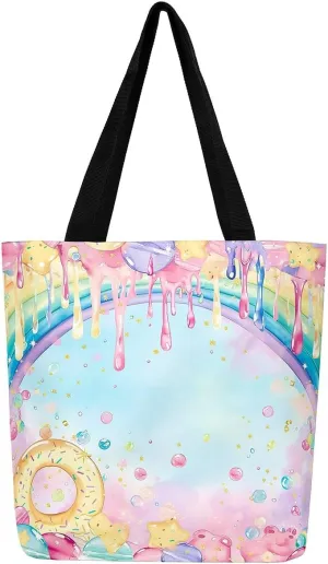 Castle Fairy Hippie Flowers Canvas Tote Bag Aesthetic for Women Girls,Cute Animals Reusable Grocery Handbag