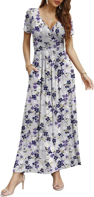 CATHY Women Short Sleeve Deep V-Neck Casual Long Dress Sexy Pleated Waist Maxi Dresses with Pockets