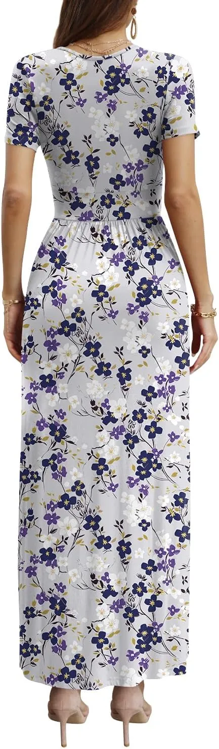 CATHY Women Short Sleeve Deep V-Neck Casual Long Dress Sexy Pleated Waist Maxi Dresses with Pockets