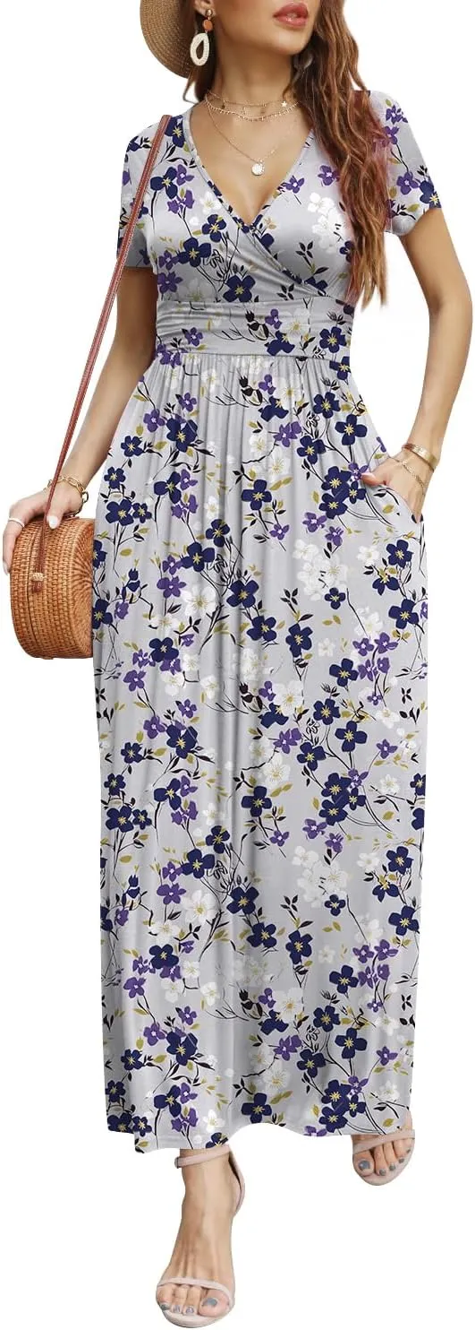 CATHY Women Short Sleeve Deep V-Neck Casual Long Dress Sexy Pleated Waist Maxi Dresses with Pockets