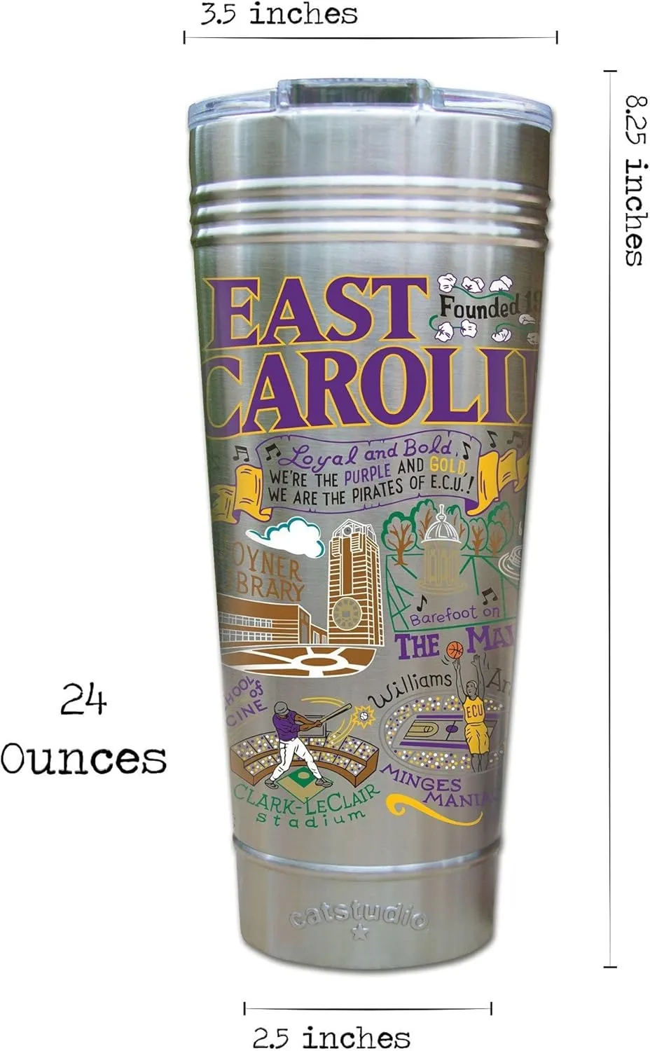 Catstudio East Carolina University Collegiate Thermal Tumbler | Triple Wall Insulation With Non Slip Bottom | Great College Travel Cup for Water, Coffee, Tea, or Smoothies