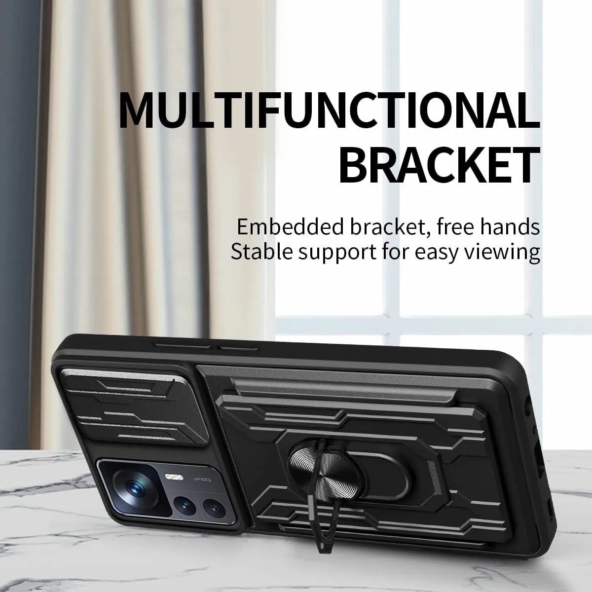 CCSmall for Xiaomi 12T Case Sliding Window Case with Card Holders, Cover with Slide Camera Protection Built-in Magnetic Kickstand Case for Xiaomi 12T Pro/Redmi K50 Ultra LJK Gray