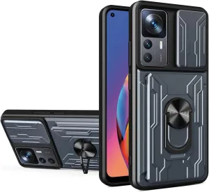 CCSmall for Xiaomi 12T Case Sliding Window Case with Card Holders, Cover with Slide Camera Protection Built-in Magnetic Kickstand Case for Xiaomi 12T Pro/Redmi K50 Ultra LJK Gray