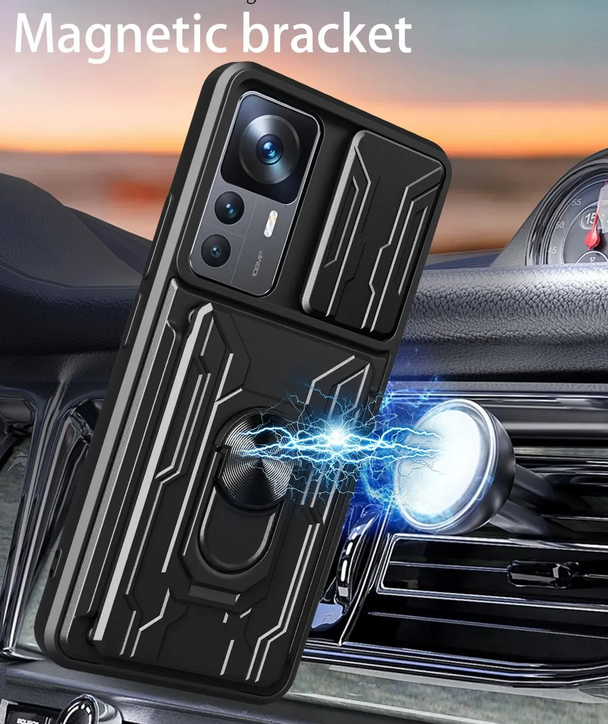 CCSmall for Xiaomi 12T Case Sliding Window Case with Card Holders, Cover with Slide Camera Protection Built-in Magnetic Kickstand Case for Xiaomi 12T Pro/Redmi K50 Ultra LJK Gray