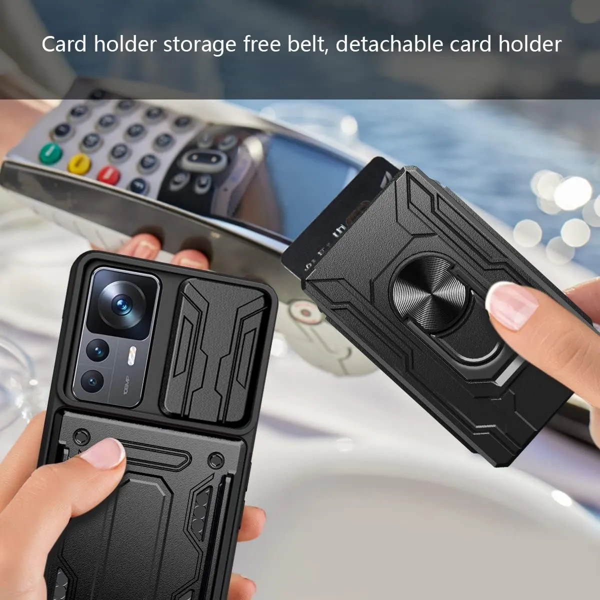 CCSmall for Xiaomi 12T Case Sliding Window Case with Card Holders, Cover with Slide Camera Protection Built-in Magnetic Kickstand Case for Xiaomi 12T Pro/Redmi K50 Ultra LJK Gray