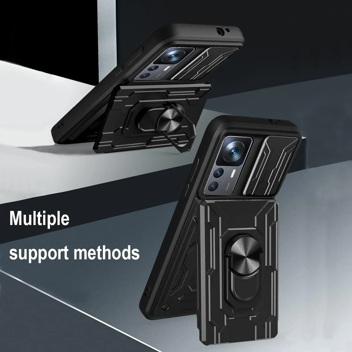 CCSmall for Xiaomi 12T Case Sliding Window Case with Card Holders, Cover with Slide Camera Protection Built-in Magnetic Kickstand Case for Xiaomi 12T Pro/Redmi K50 Ultra LJK Gray
