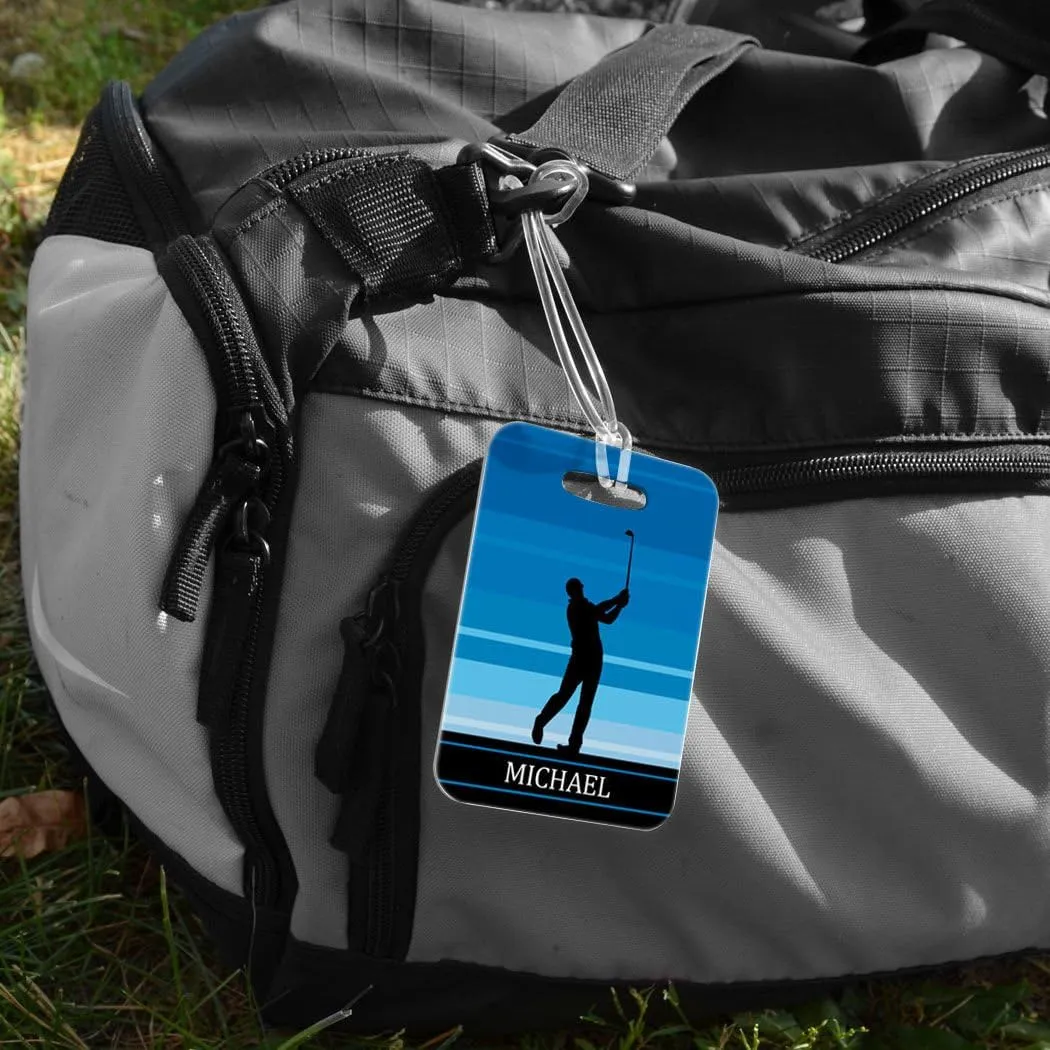 ChalkTalkSPORTS Golf Luggage & Bag Tag | Personalized Male Golfer | Standard Lines on Back | Medium | Blue