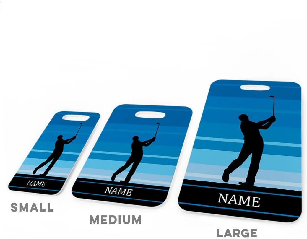 ChalkTalkSPORTS Golf Luggage & Bag Tag | Personalized Male Golfer | Standard Lines on Back | Medium | Blue
