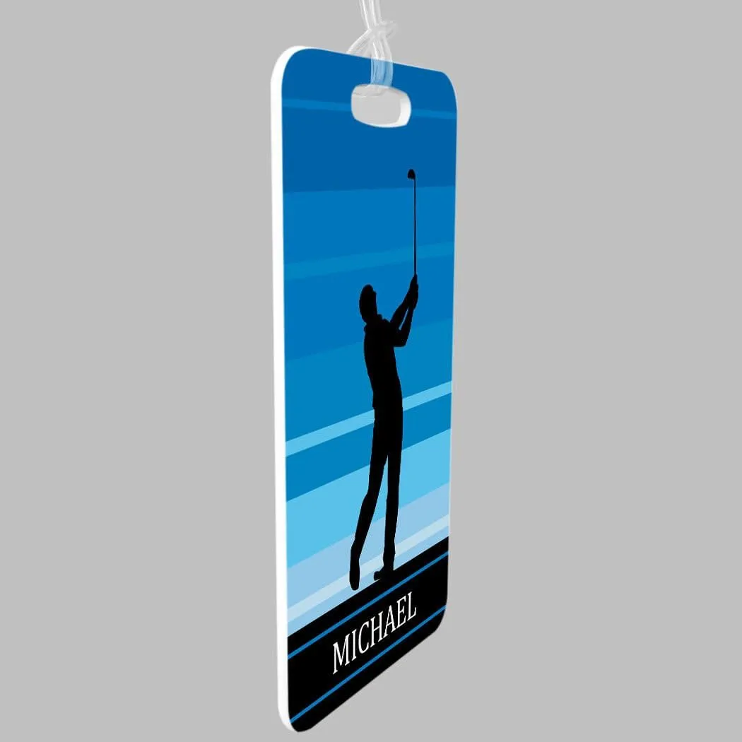 ChalkTalkSPORTS Golf Luggage & Bag Tag | Personalized Male Golfer | Standard Lines on Back | Medium | Blue