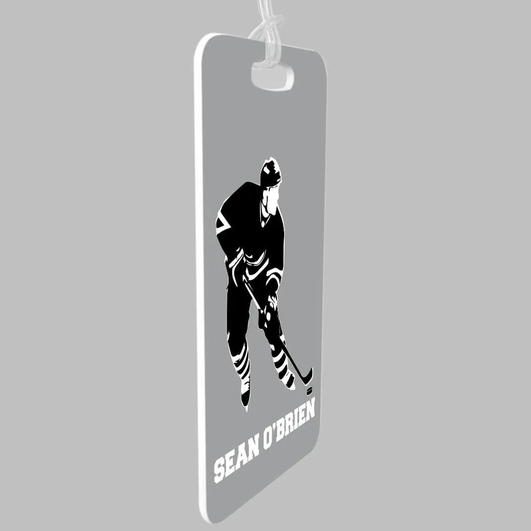 ChalkTalkSPORTS Hockey Luggage & Bag Tag | Personalized Name Hockey Player | Standard Lines on Back | Medium, Gray/Black