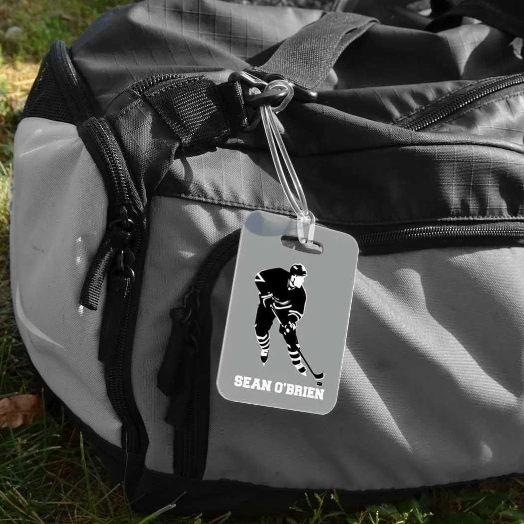 ChalkTalkSPORTS Hockey Luggage & Bag Tag | Personalized Name Hockey Player | Standard Lines on Back | Medium, Gray/Black