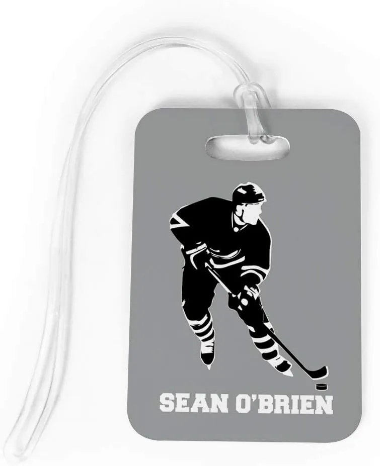 ChalkTalkSPORTS Hockey Luggage & Bag Tag | Personalized Name Hockey Player | Standard Lines on Back | Medium, Gray/Black