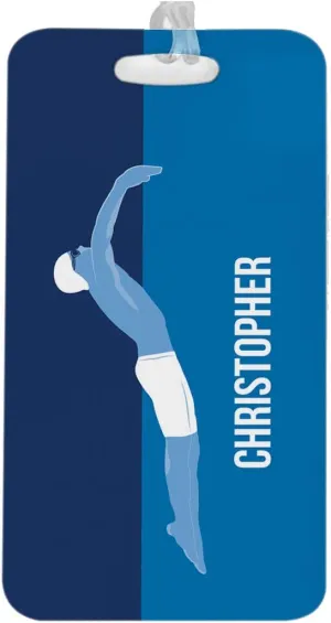 ChalkTalkSPORTS Swimming Luggage & Bag Tag | Personalized Swimmer Guy | Standard Lines on Back | Large
