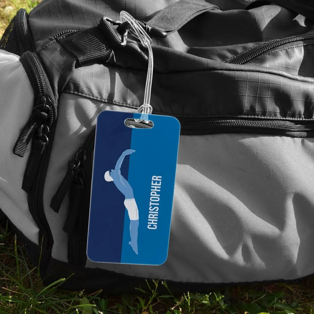 ChalkTalkSPORTS Swimming Luggage & Bag Tag | Personalized Swimmer Guy | Standard Lines on Back | Large