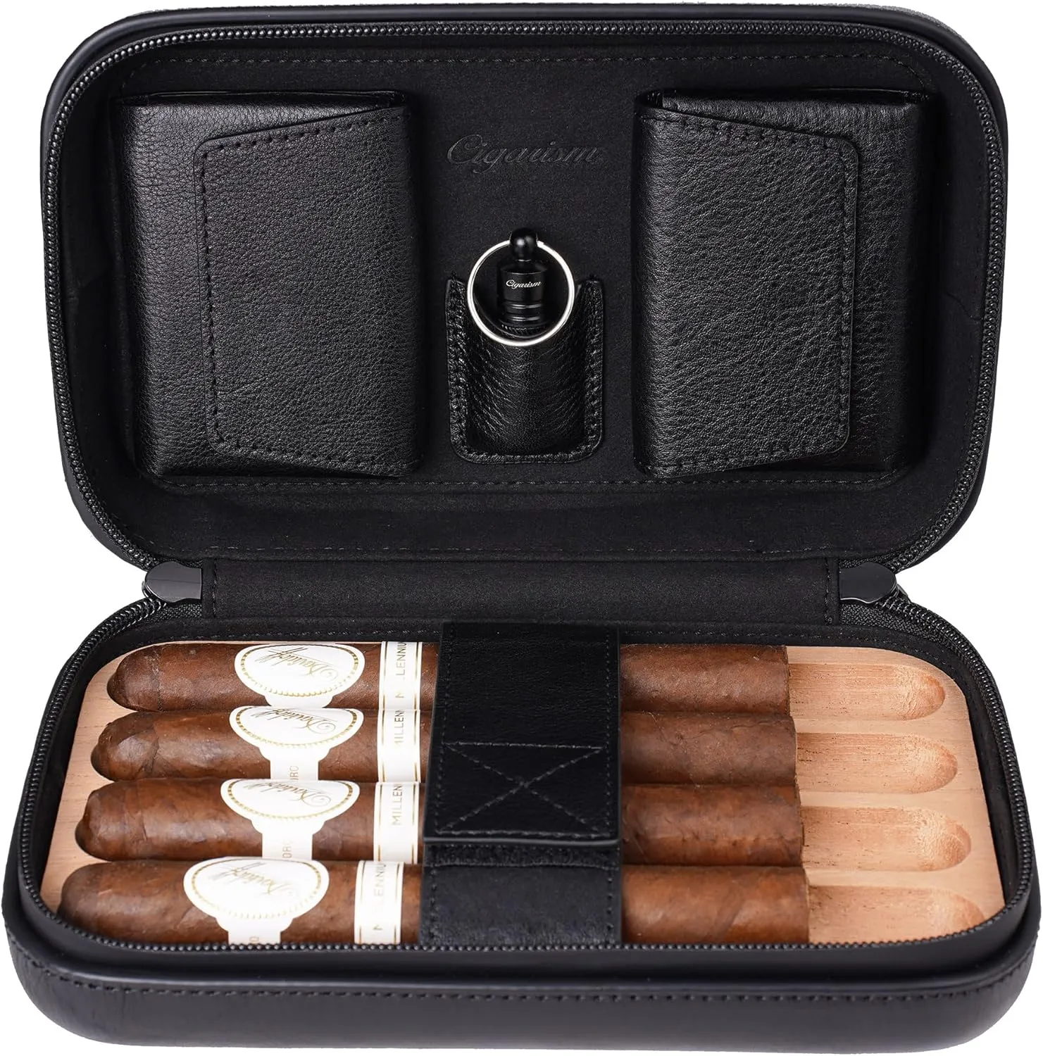 Cigar Travel Case Humidor Bag, Italian Oil Wax Leather Spanish Cedar Accessory Pouches, Holds 4 to 5 Cigars (Black)