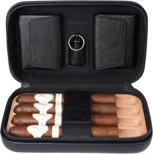 Cigar Travel Case Humidor Bag, Italian Oil Wax Leather Spanish Cedar Accessory Pouches, Holds 4 to 5 Cigars (Black)