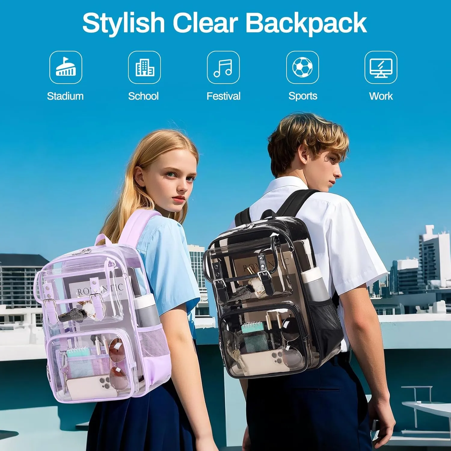 Clear Backpack Heavy Duty, PVC Clear Bookbag Transparent Backpack See Through Bag for Stadium College for Adult Women, Purple