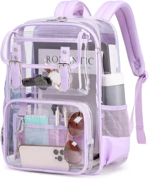 Clear Backpack Heavy Duty, PVC Clear Bookbag Transparent Backpack See Through Bag for Stadium College for Adult Women, Purple