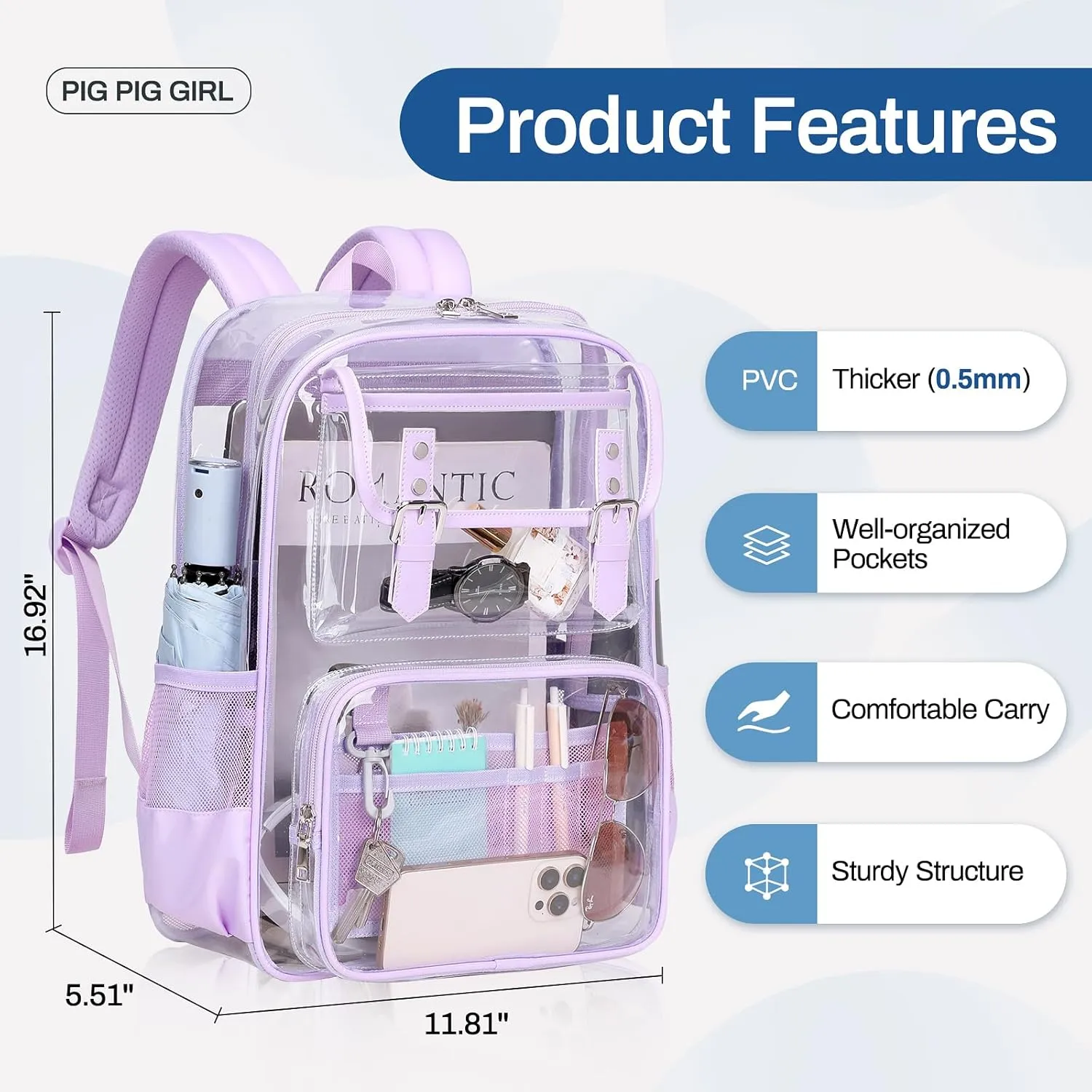 Clear Backpack Heavy Duty, PVC Clear Bookbag Transparent Backpack See Through Bag for Stadium College for Adult Women, Purple