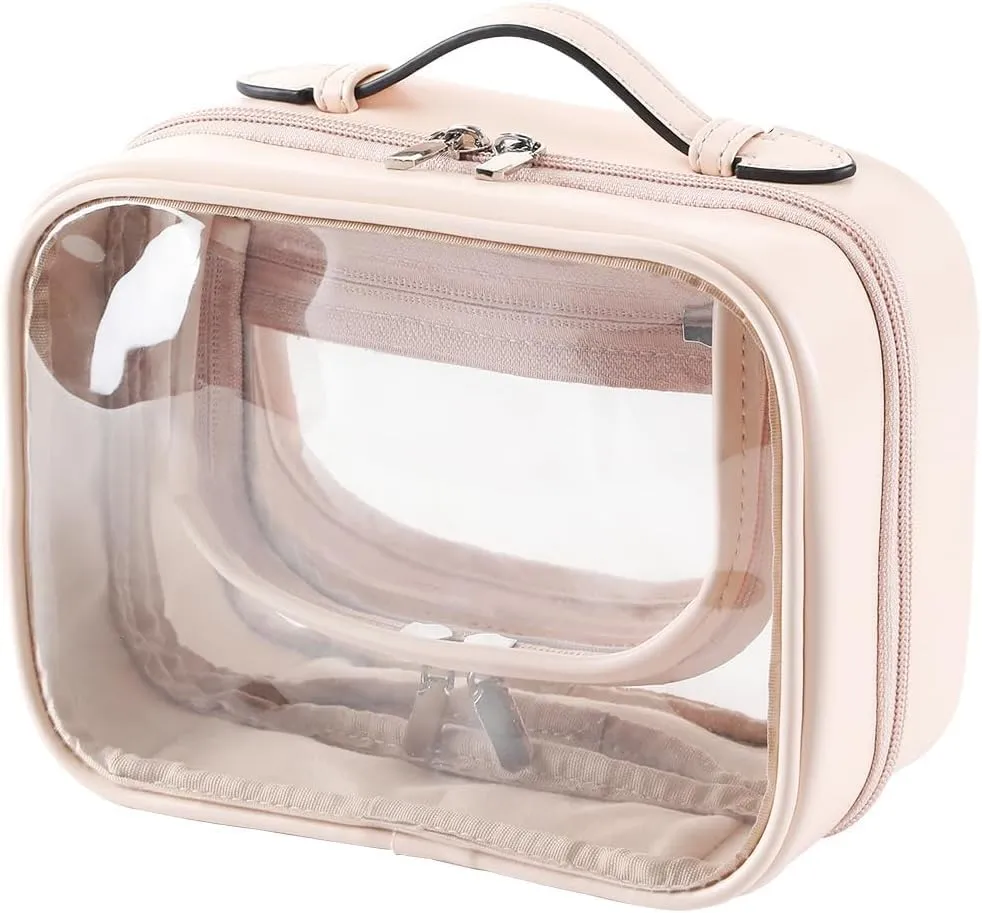 Clear Makeup Bag Toiletry Bag for Women 4 Compartments Travel Cosmetic Case Large Capacity Waterproof Skincare Pouch Organizers with Zippe Pink