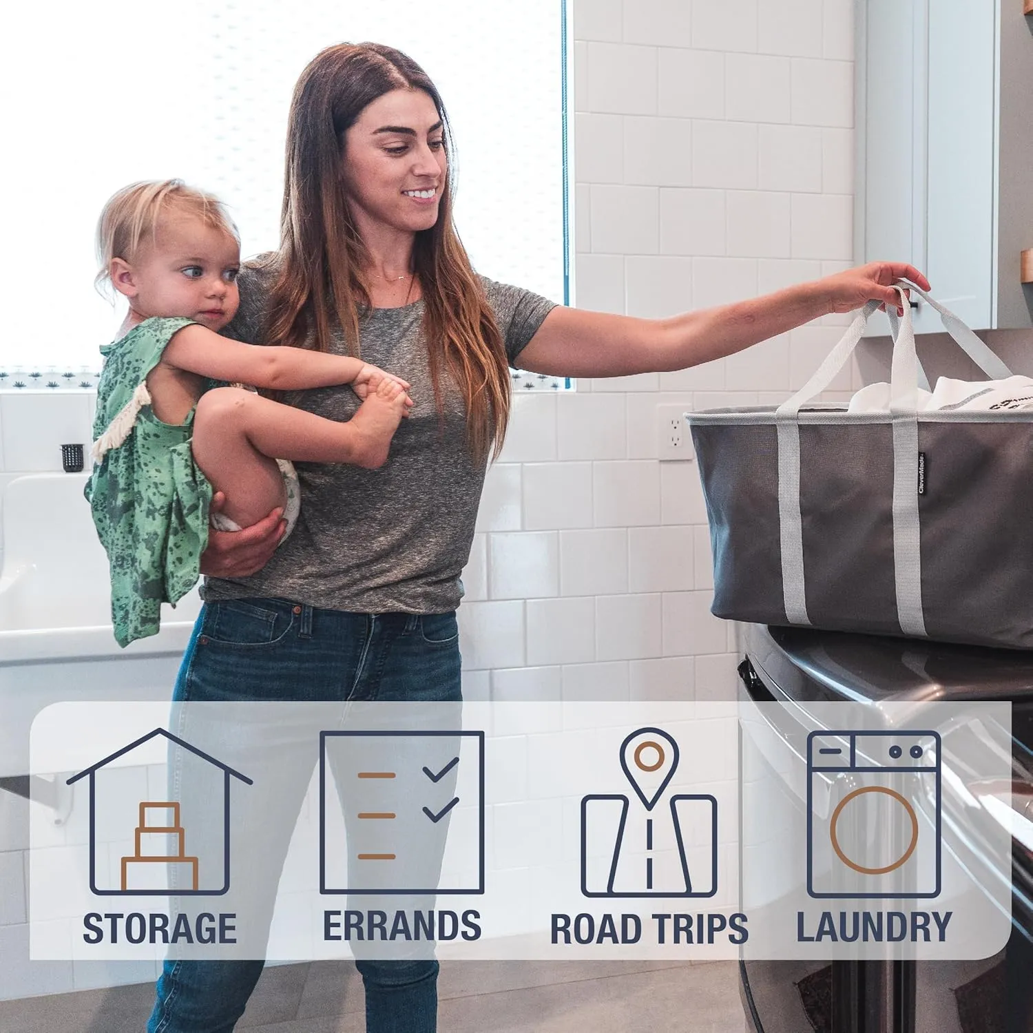 CleverMade Collapsible Laundry Tote - Denim Charcoal 2-Pack 50L - Foldable Storage Organization Container for Clothes Laundry Room Storage Solution
