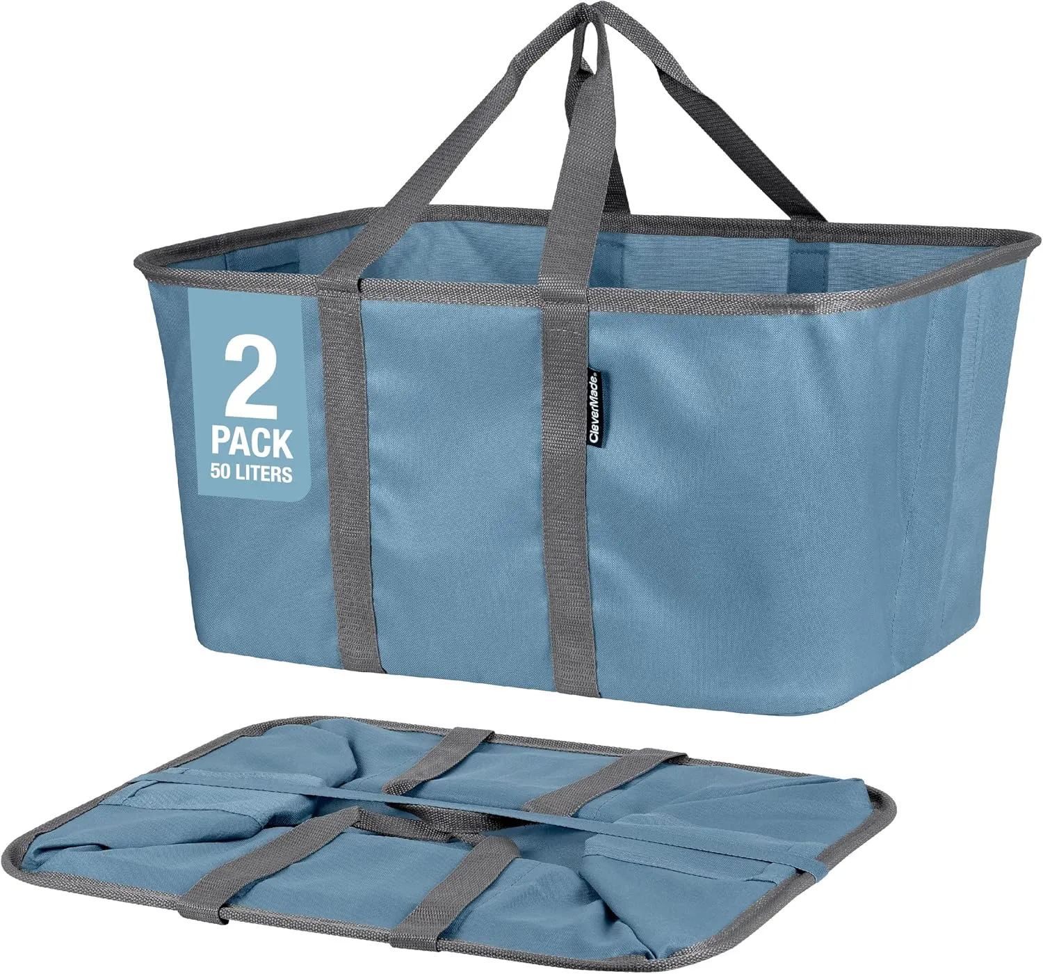 CleverMade Collapsible Laundry Tote - Denim Charcoal 2-Pack 50L - Foldable Storage Organization Container for Clothes Laundry Room Storage Solution