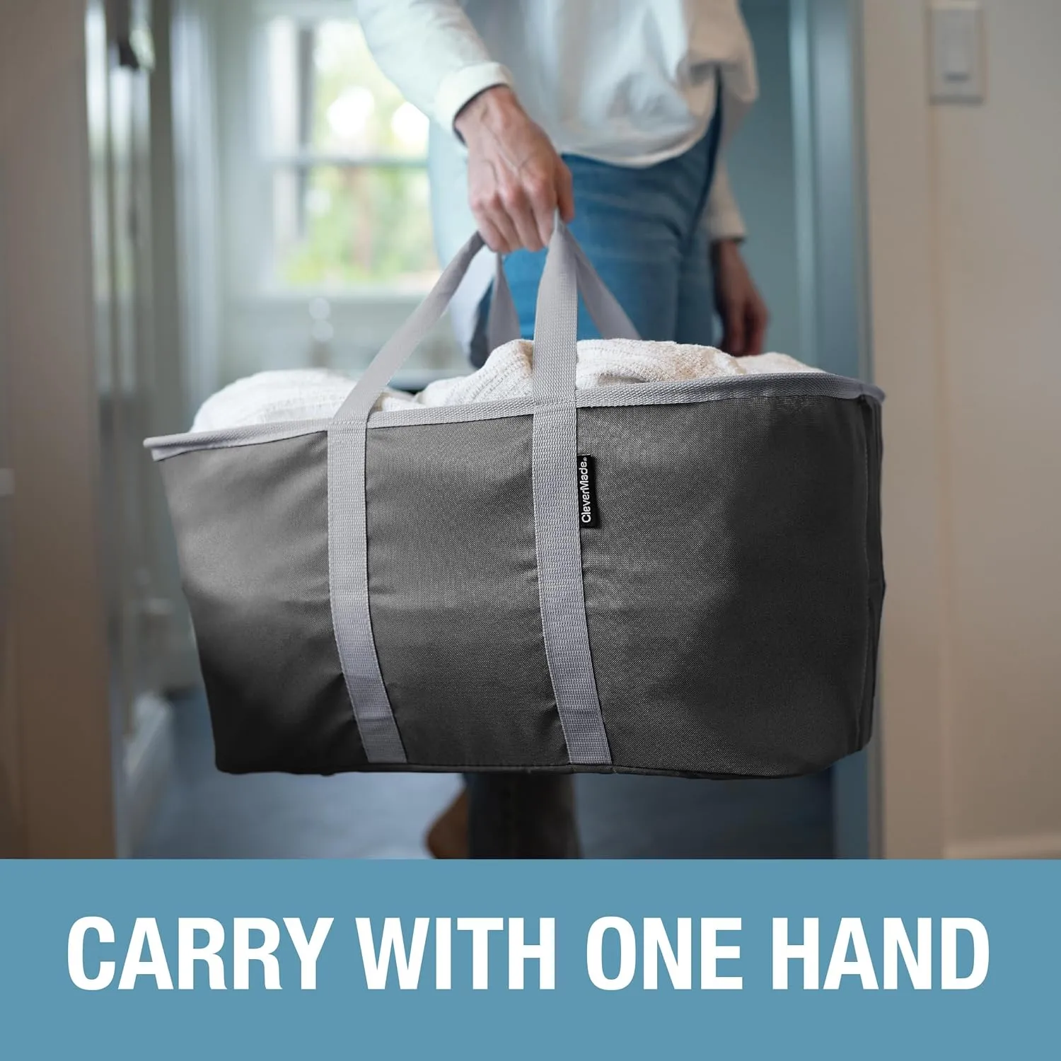 CleverMade Collapsible Laundry Tote - Denim Charcoal 2-Pack 50L - Foldable Storage Organization Container for Clothes Laundry Room Storage Solution