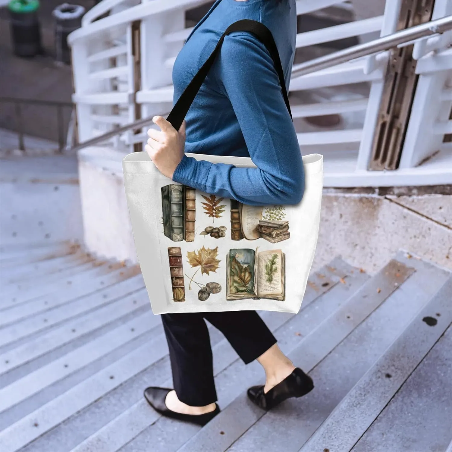 Coffee and Books Large Opening Canvas Tote Bag with Interior Pocket Woman Gifts