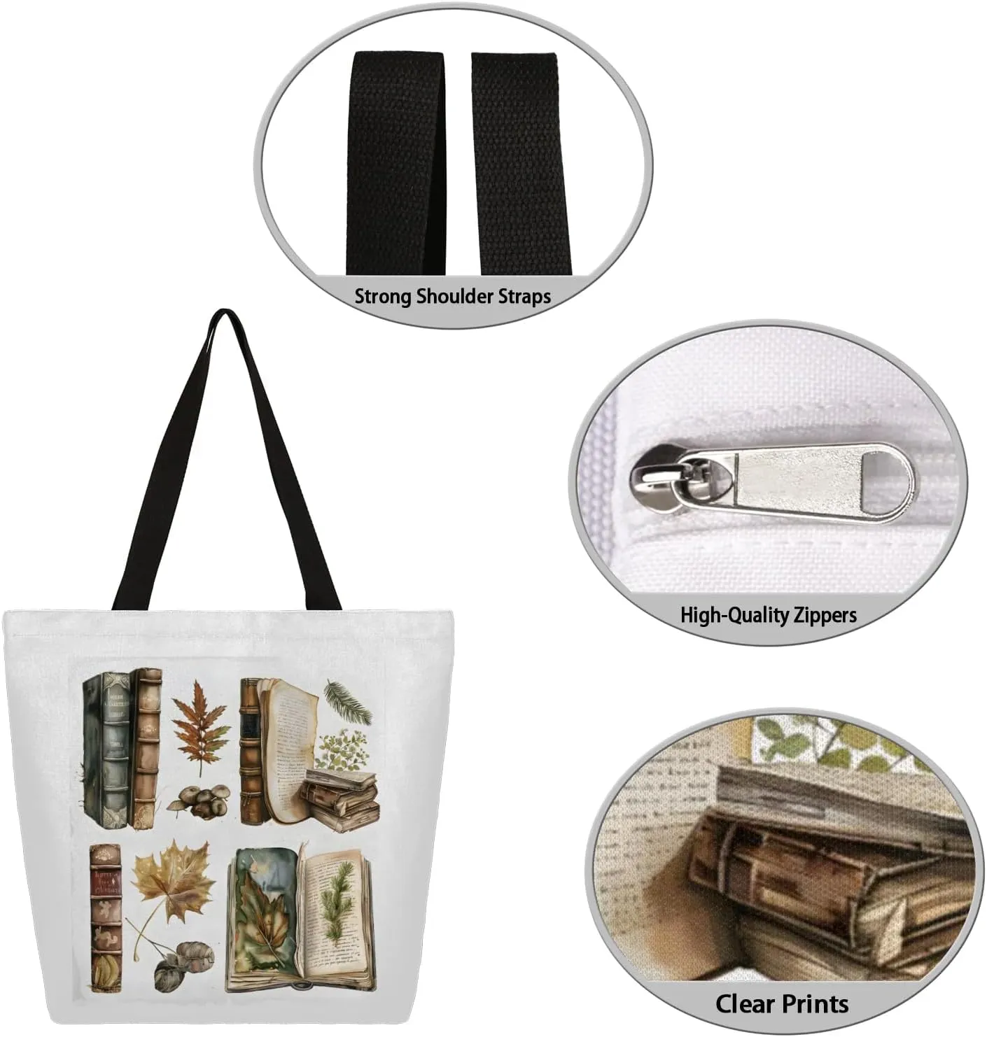 Coffee and Books Large Opening Canvas Tote Bag with Interior Pocket Woman Gifts