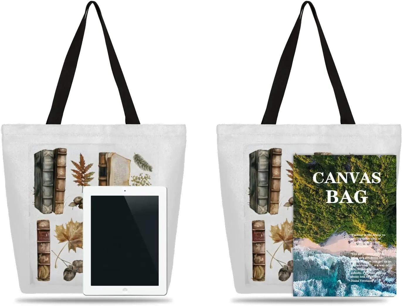 Coffee and Books Large Opening Canvas Tote Bag with Interior Pocket Woman Gifts